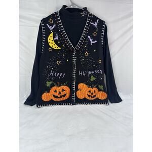 VTG Holiday Editions Halloween Sweater Vest Women XL Black Jack O Lantern Bats